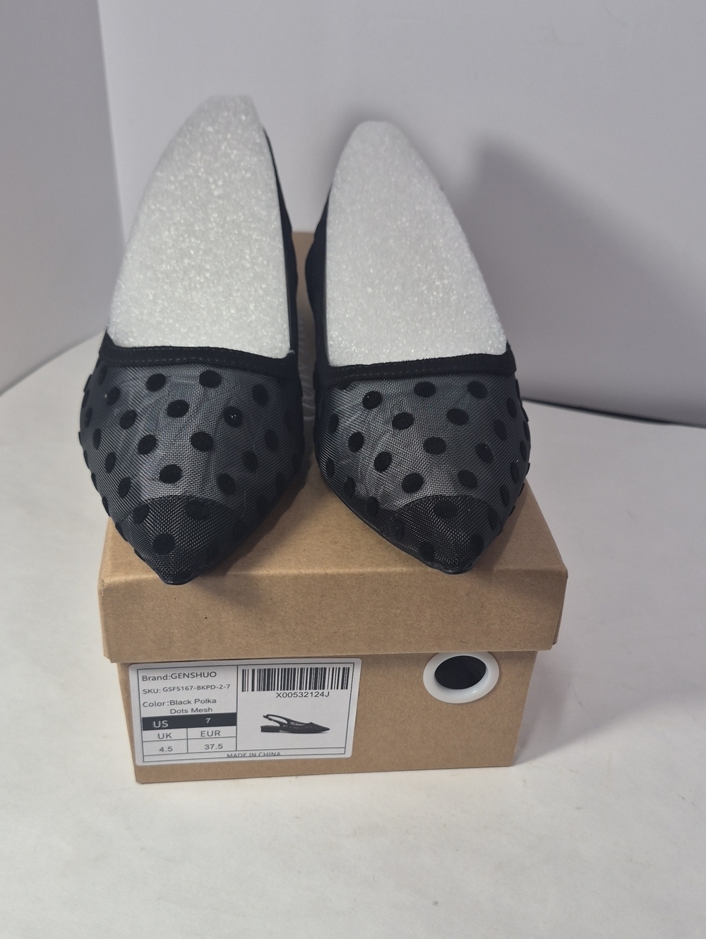 Genshuo Black Polka Dot Pointed Mesh Flats